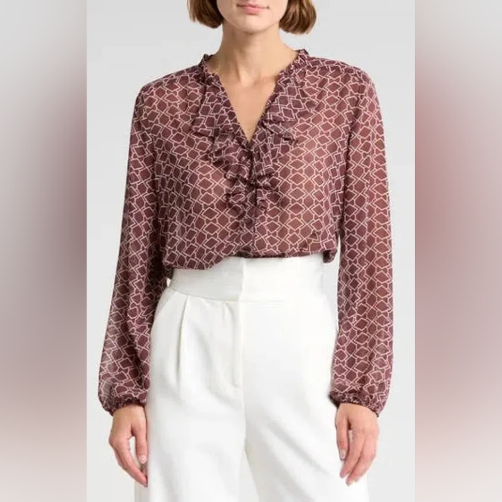 Pleione Ruffle Long Sleeve Burgundy Button Front Blouse - XL - New